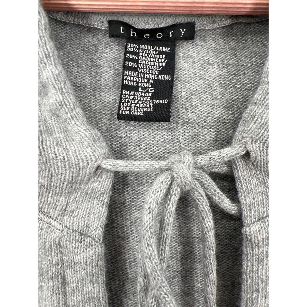 Theory Gray L Wool Cashmere Blend Tie Front Hoodie V-Neck Sweater Quiet Luxury - Picture 4 of 8
